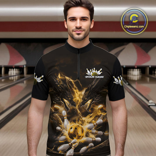 Custom Yellow Lightning Flame Dragons Bowling Men Quarter-Zip Shirt, Fire Dragon Bowling Jerseys IPHW9818
