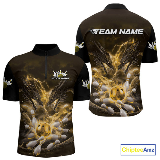 Custom Yellow Lightning Flame Dragons Bowling Men Quarter-Zip Shirt, Fire Dragon Bowling Jerseys IPHW9818