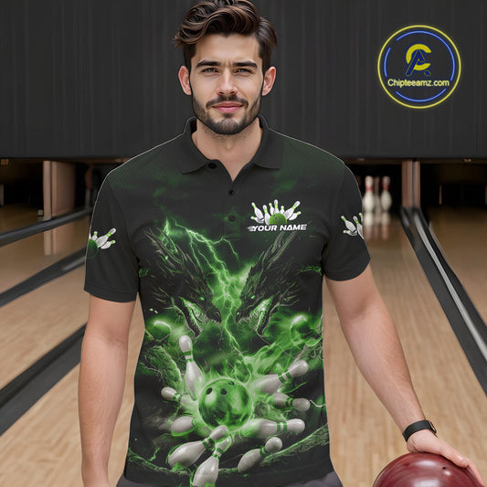 Custom Green Lightning Flame Dragons Bowling Men Polo Shirt, Fire Dragon Bowling Jerseys IPHW9819