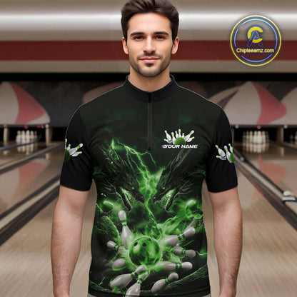 Custom Green Lightning Flame Dragons Bowling Men Quarter-Zip Shirt, Fire Dragon Bowling Jerseys IPHW9819