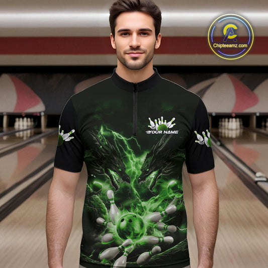 Custom Green Lightning Flame Dragons Bowling Men Quarter-Zip Shirt, Fire Dragon Bowling Jerseys IPHW9819