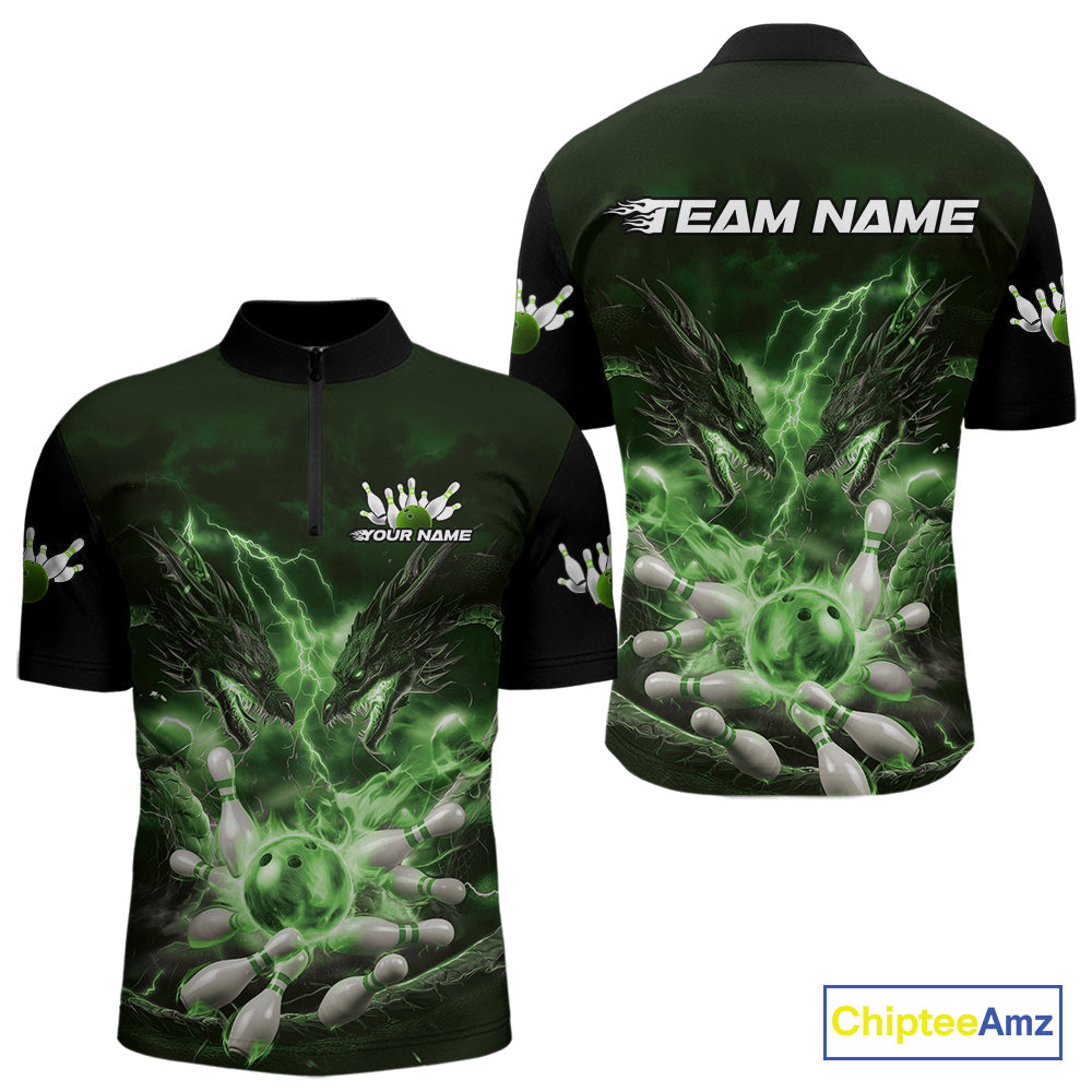 Custom Green Lightning Flame Dragons Bowling Men Quarter-Zip Shirt, Fire Dragon Bowling Jerseys IPHW9819