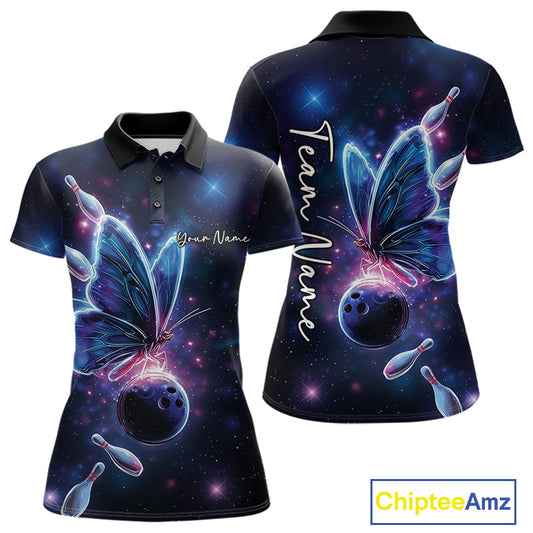 Custom Galaxy Butterfly Bowling Women Polo Shirts, Ladies Bowling Team Outfit IPHW10242