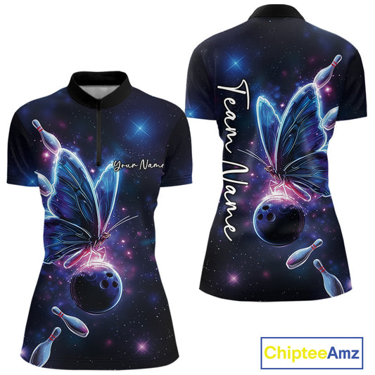 Custom Galaxy Butterfly Bowling Women Quarter-Zip Shirts, Ladies Bowling Outfit IPHW10242