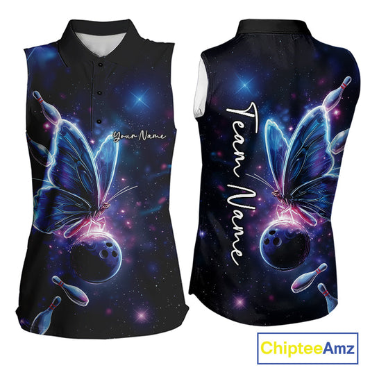 Custom Galaxy Butterfly Bowling Women Sleeveless Polo Shirts, Ladies Bowling Team Outfit IPHW10242
