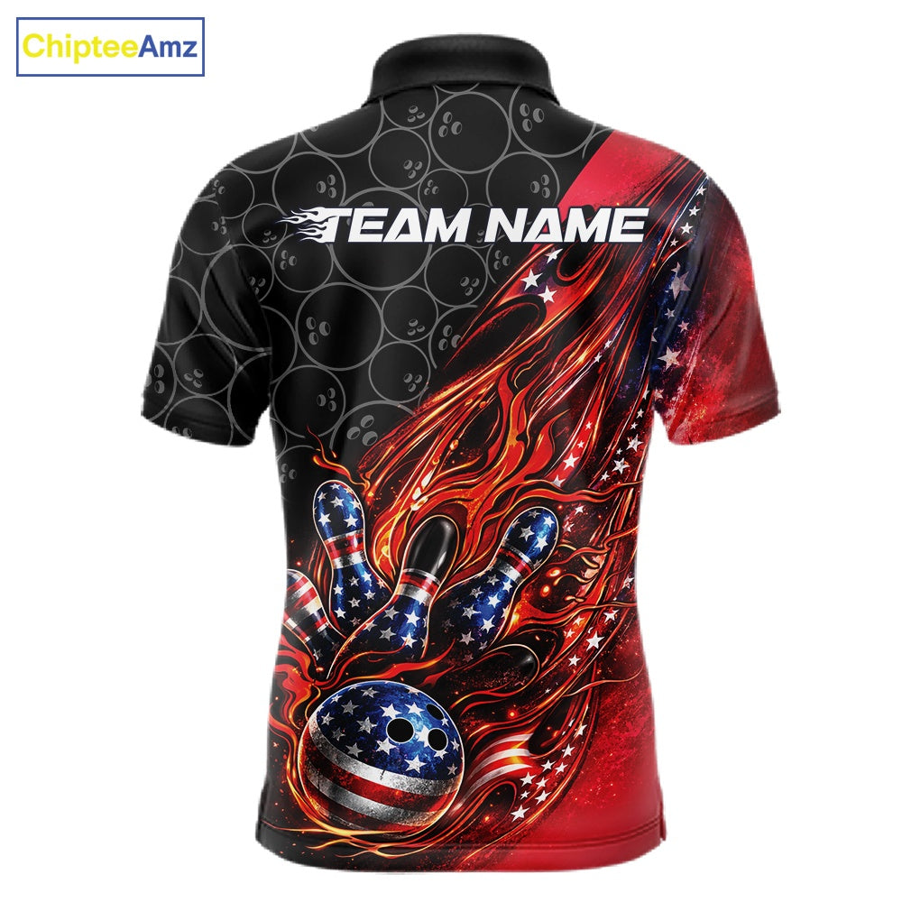 Custom Patriotic Flame Bowling Shirts, American US Flag Bowling Team Jerseys Freedom 4Th Of July Bowling Shirt IPHW10427