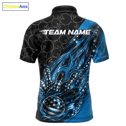 Custom Patriotic Blue Flame Bowling Shirts, US Flag Bowling Team Jerseys Freedom 4Th Of July Bowling Shirt IPHW10429