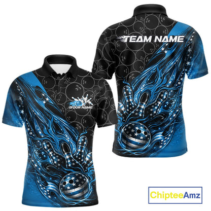 Custom Patriotic Blue Flame Bowling Shirts, US Flag Bowling Team Jerseys Freedom 4Th Of July Bowling Shirt IPHW10429