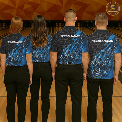 Custom Patriotic Blue Flame Bowling Shirts, US Flag Bowling Team Jerseys Freedom 4Th Of July Bowling Shirt IPHW10429