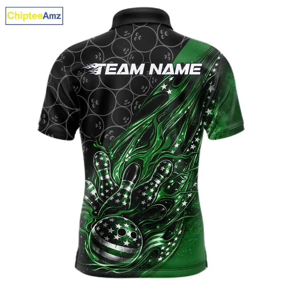Custom Patriotic Green Flame Bowling Shirts, US Flag Bowling Team Jerseys Freedom 4Th Of July Bowling Shirt IPHW10431