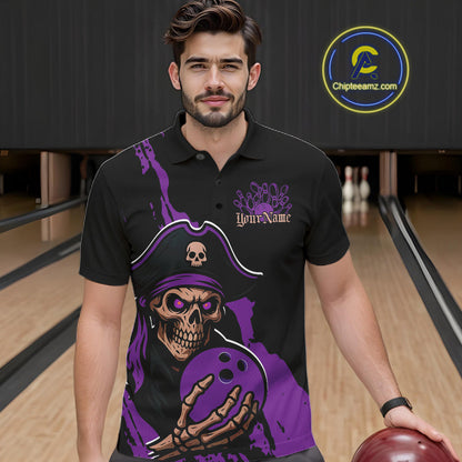 Custom Black And Purple Pirate Bowling Men Polo Shirt, Pirate Bowling Team Jerseys IPHW10708