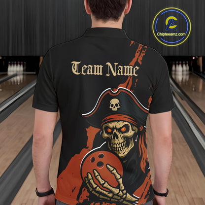 Custom Black And Orange Pirate Bowling Men Polo Shirt, Pirate Bowling Team Jerseys IPHW10709