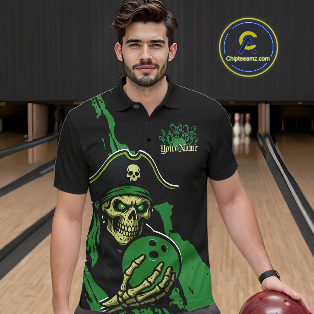Custom Black And Green Pirate Bowling Men Polo Shirt, Pirate Bowling Team Jerseys IPHW10711