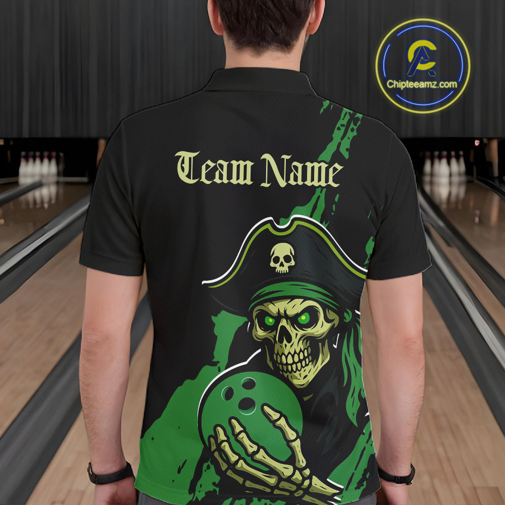 Custom Black And Green Pirate Bowling Men Polo Shirt, Pirate Bowling Team Jerseys IPHW10711