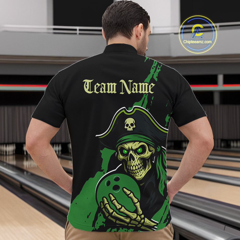 Custom Black And Green Pirate Bowling Men Quarter-Zip Shirt, Pirate Bowling Team Jerseys IPHW10711