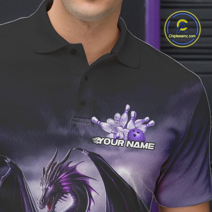 Custom Black And Purple Thunder Lightning Dragon Bowling Men Polo Shirts, Team Outfit IPHW9098