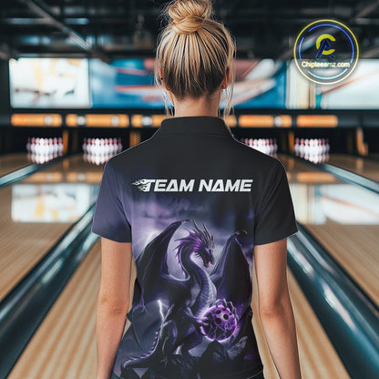 Custom Black And Purple Thunder Lightning Dragon Bowling Women Polo Shirts, Team Outfit IPHW9098