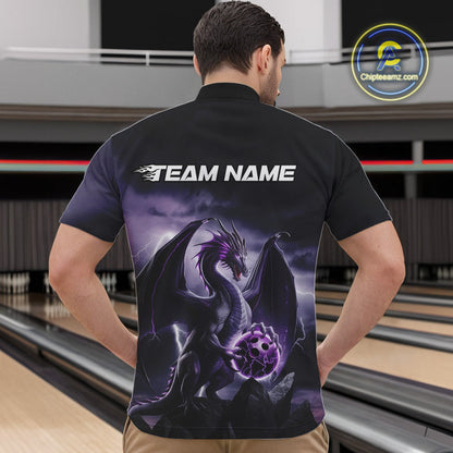 Custom Black And Purple Thunder Lightning Dragon Bowling Men Quarter-Zip Shirts, Team Outfit IPHW9098