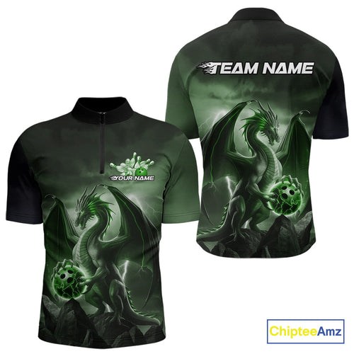 Custom Black And Green Thunder Lightning Dragon Bowling Men Quarter-Zip Shirts, Team Outfit IPHW9100