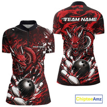 Load image into Gallery viewer, Red and black bowling shirt with dragon design and 'Team Name' text, featuring Chiptee Amz branding.