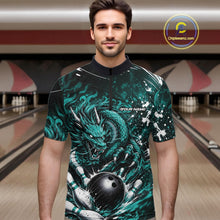Load image into Gallery viewer, Man wearing a bowling shirt with a dragon design in a bowling alley.