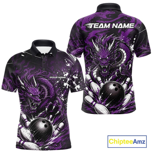 Purple and black dragon-themed polo shirt with 'Team Name' and 'Your Name' text on a white background.