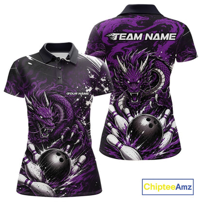 Purple dragon-themed bowling shirt with 'Team Name' and 'Your Name' text on a white background.