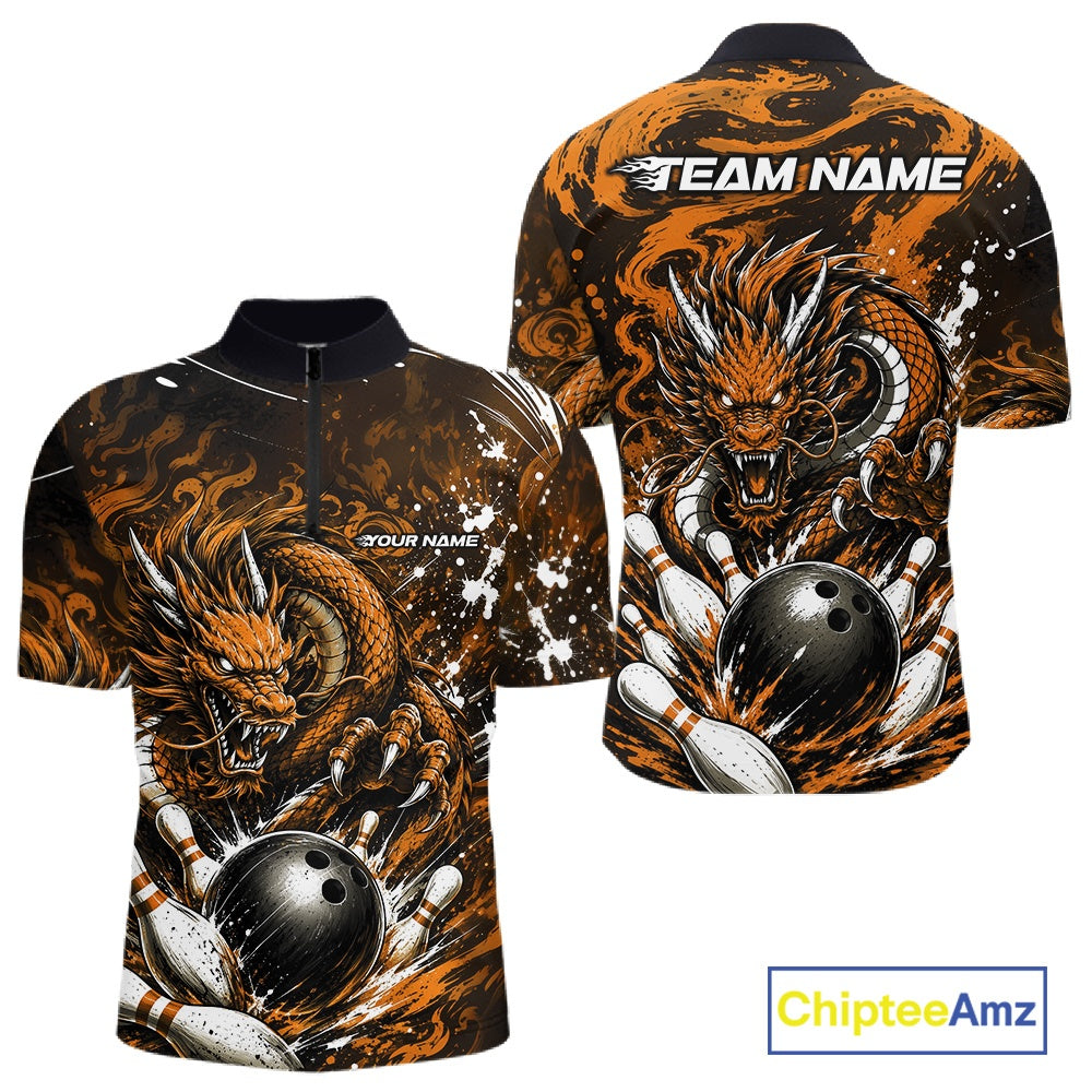 Bowling shirt with dragon design and customizable text on a white background