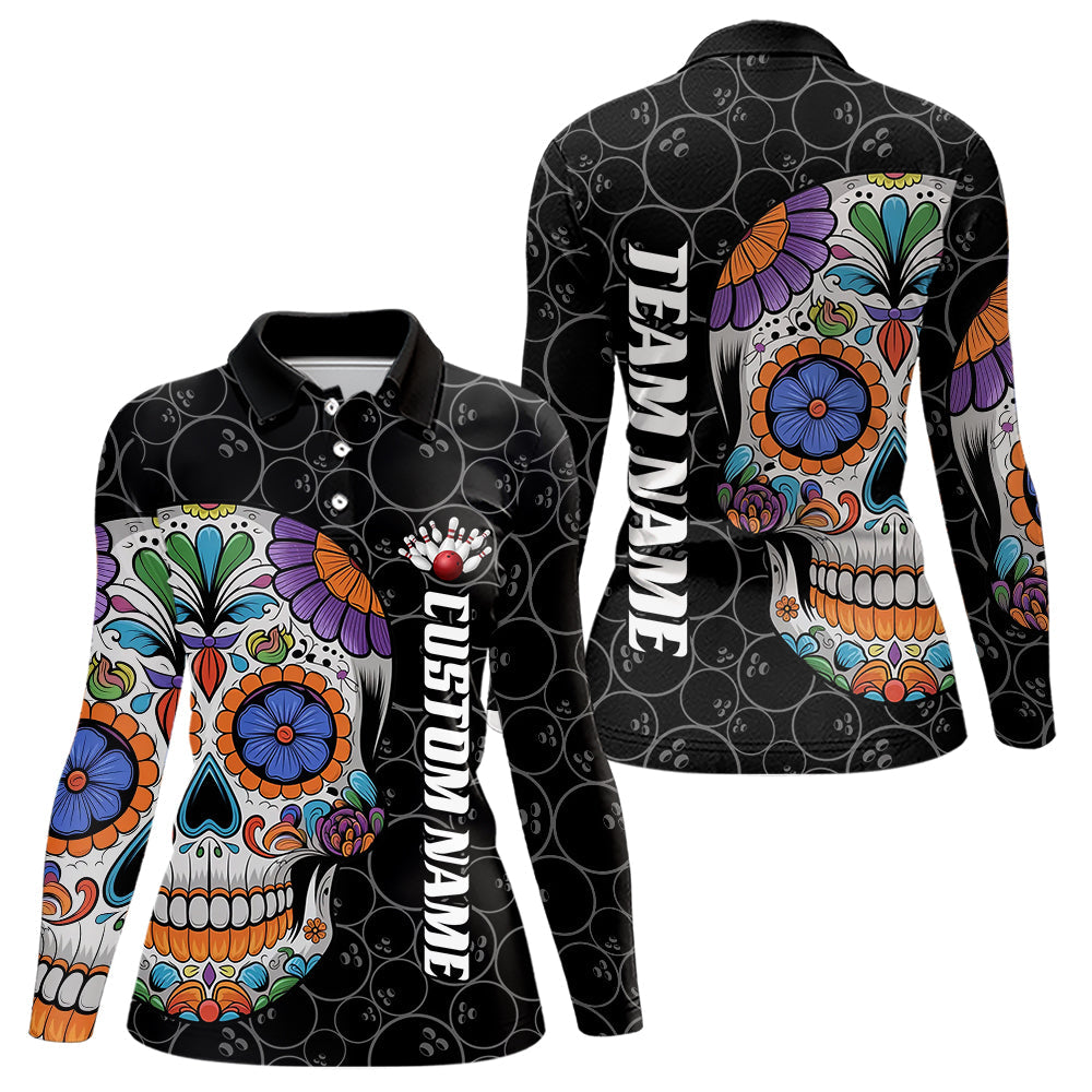 Custom Sugar Skull Bowling Long Sleeve Polo Shirts For Women, Halloween Bowling Team Shirts IPHW7426