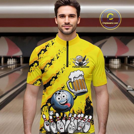 Custom Yellow Funny Bowling Men Quarter-Zip Shirts, Bowling And Beer Party Bowlers Outfit IPHW9829
