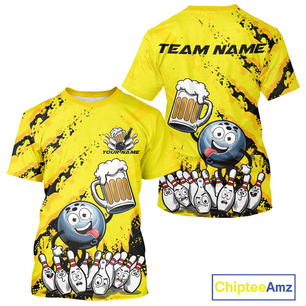 Custom Yellow Funny Bowling Men T-Shirts Shirts, Bowling And Beer Party Bowlers Outfit IPHW9829