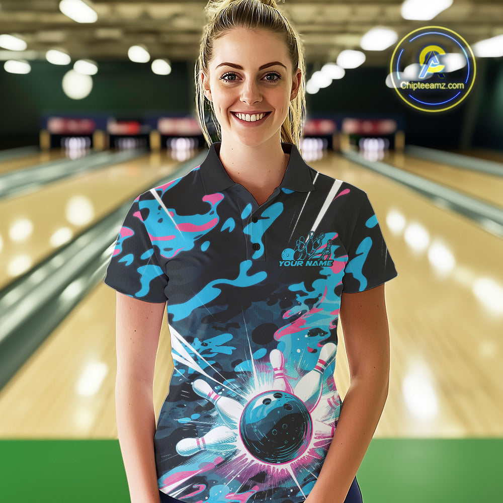 Custom Blue And Pink Camo Bowling Polo Shirts For Women, Camouflage Bowling Team Outfit IPHW9832