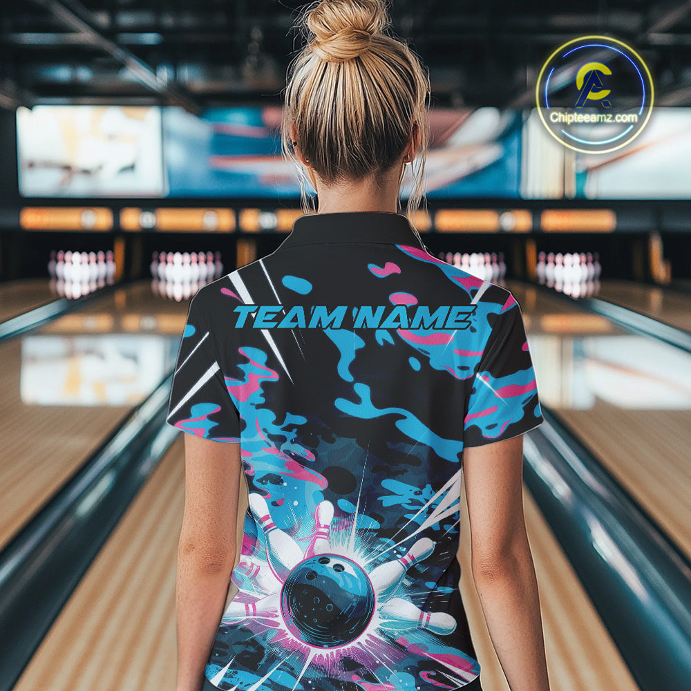 Custom Blue And Pink Camo Bowling Polo Shirts For Women, Camouflage Bowling Team Outfit IPHW9832