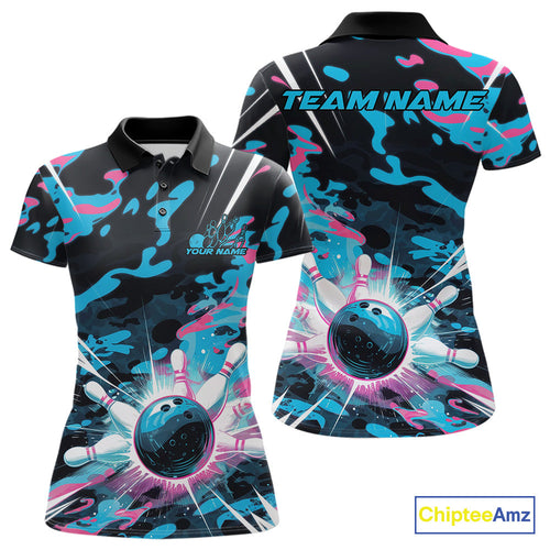 Custom Blue And Pink Camo Bowling Polo Shirts For Women, Camouflage Bowling Team Outfit IPHW9832