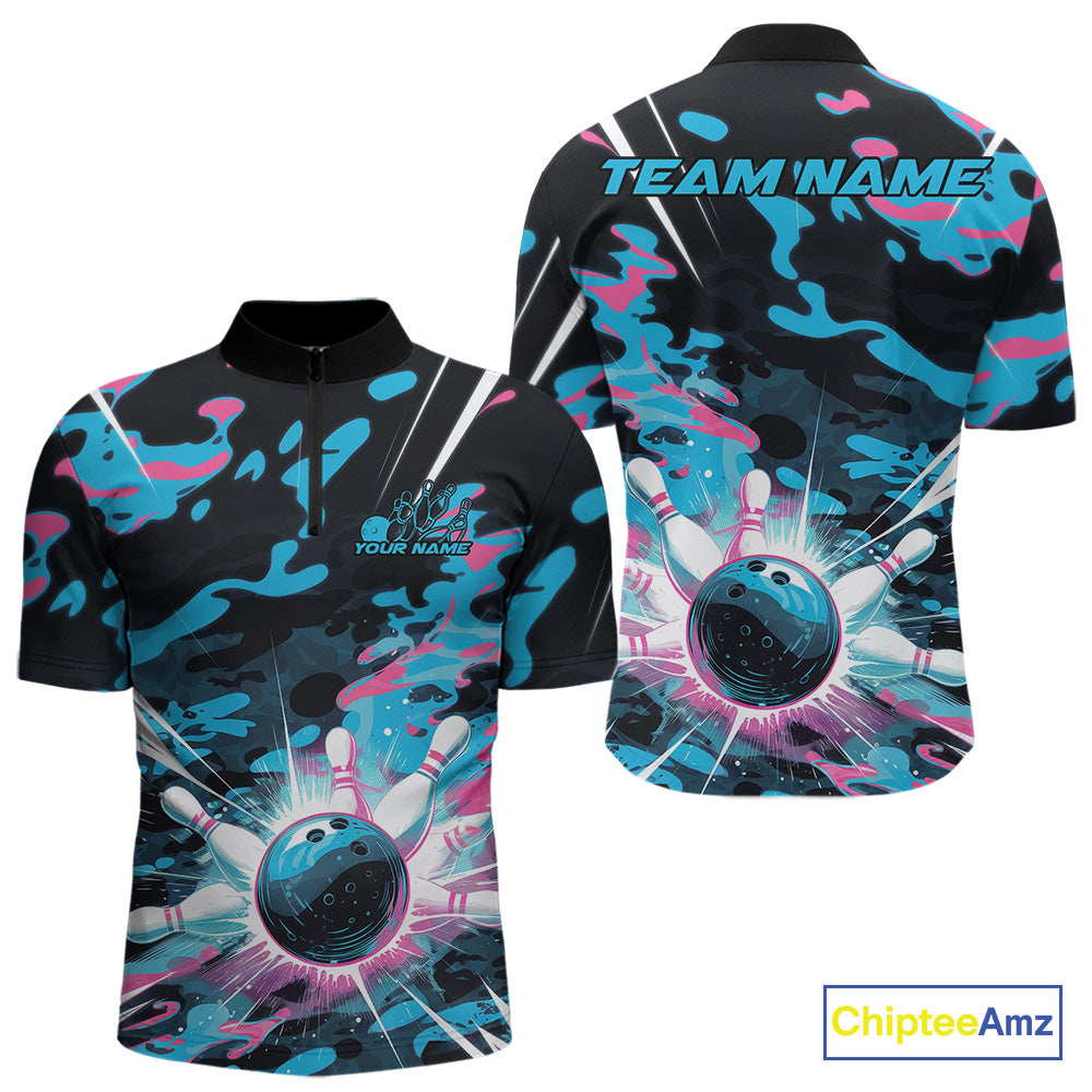 Custom Blue And Pink Camo Bowling Quarter-Zip Shirts For Men, Camouflage Bowling Team Outfit IPHW9832