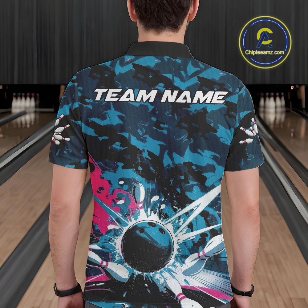 Custom Blue And Pink Camo Bowling Polo Shirts For Men, Camouflage Bowling Team Outfit IPHW9833