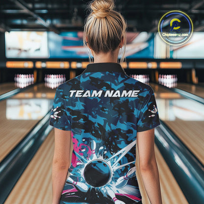 Custom Blue And Pink Camo Bowling Polo Shirts For Women, Camouflage Bowling Team Outfit IPHW9833