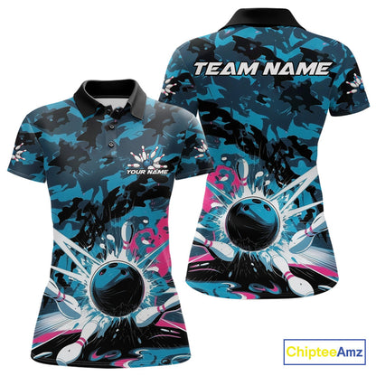 Custom Blue And Pink Camo Bowling Polo Shirts For Women, Camouflage Bowling Team Outfit IPHW9833