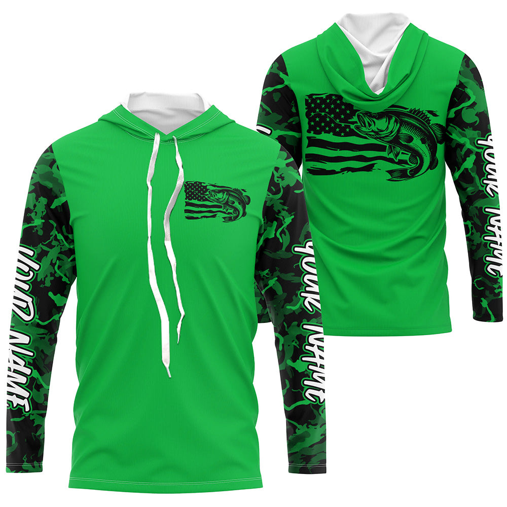 Green Camo US Flag Largemouth Bass Custom Patrotic Long Sleeve Hooded Fishing Shirt IPHW8134