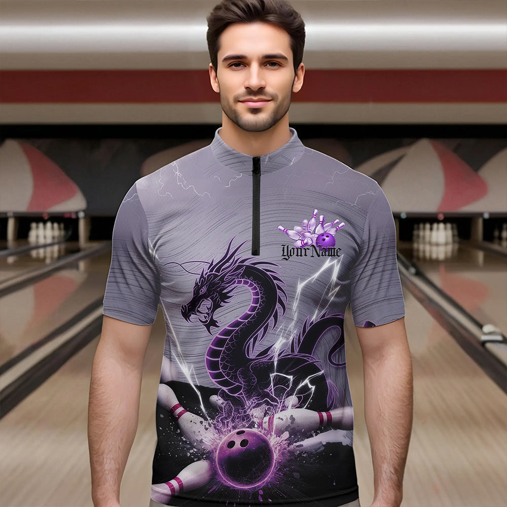 Custom Purple Thunder Lightning Dragon Bowling Quarter-Zip Shirts For Men, Bowling Team Uniform IPHW8558