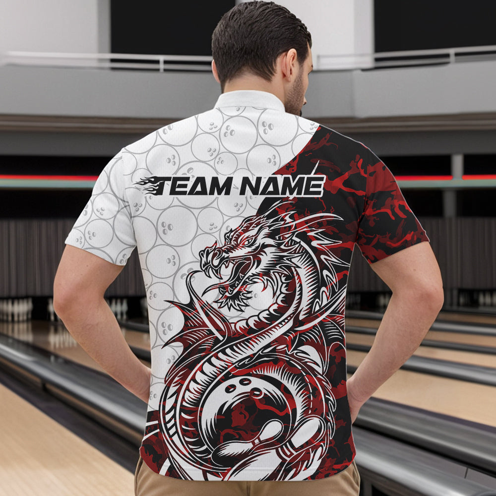 Custom Red Camo Dragon Bowling Tattoo Men Quarter-Zip Shirts, Dragon Bowling League Team Shirt IPHW8883