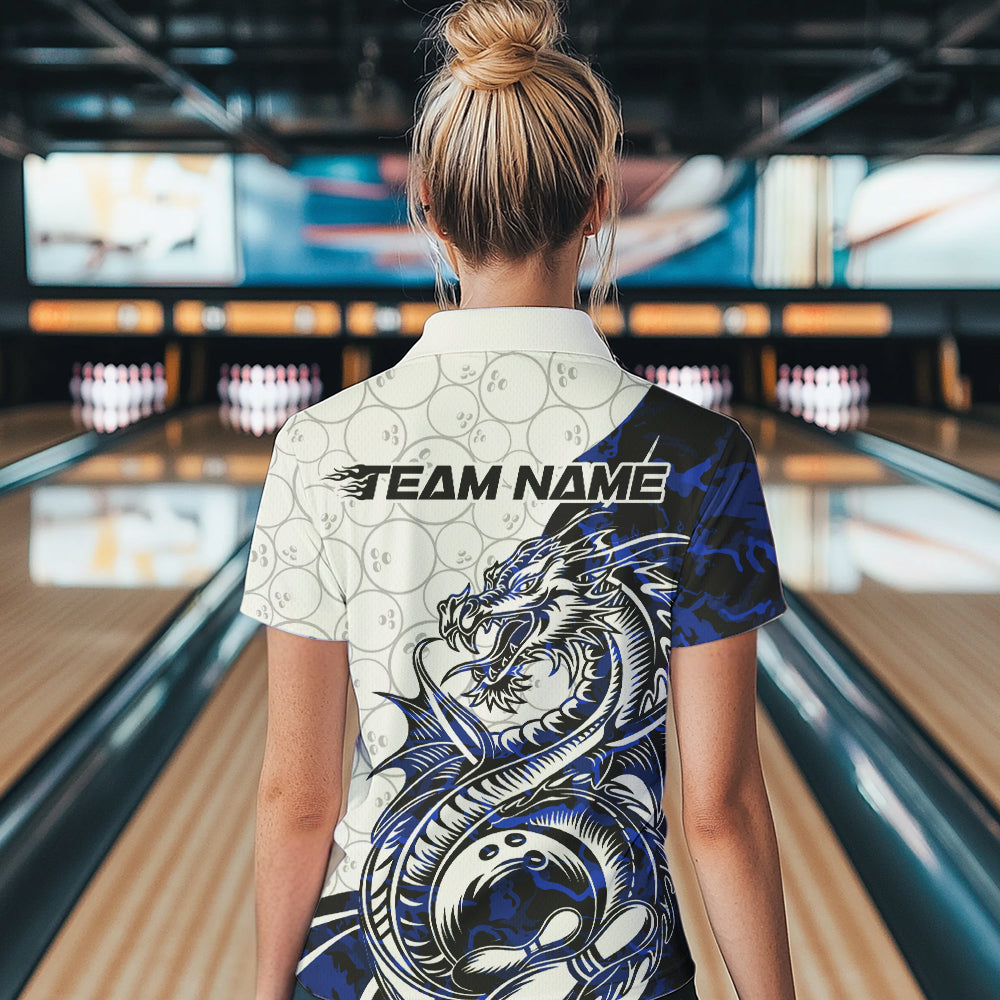 Custom Blue Camo Dragon Bowling Tattoo Women Polo Shirts, Dragon Bowling League Team Shirt IPHW8884