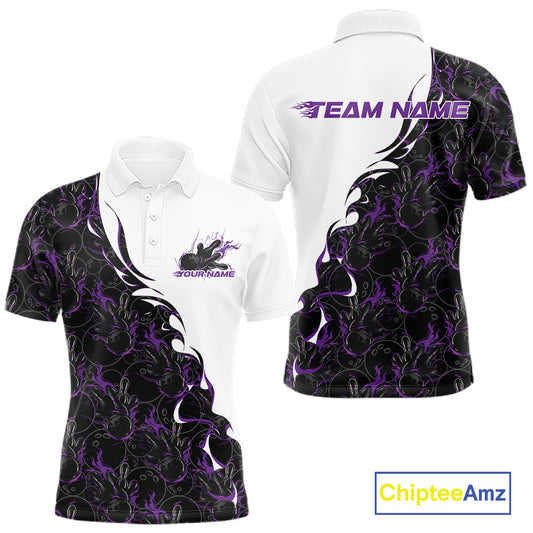 Front and back view of a white mens bowling polo shirt mockup featuring purple and black flame bowling pattern with bold sporty visuals.