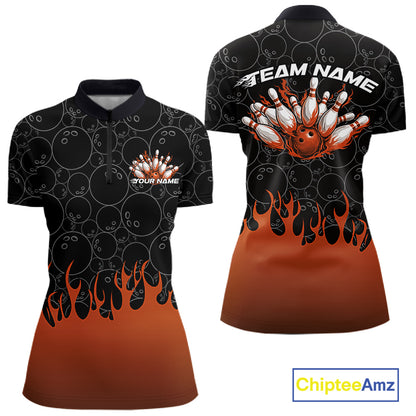 Front and back view of a black bowling quarter-zip shirt mockup with vibrant orange flames rising, showcasing flaming bowling ball striking pins artwork and dynamic bowling graphics.