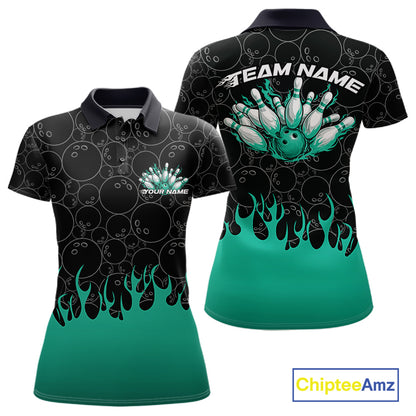 Front and back view of a womens black polo shirt mockup featuring vibrant turquoise green flames rising from the bottom with bowling ball pattern and dynamic bowling design.