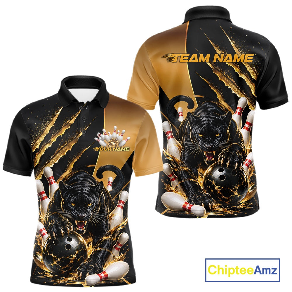 Front and back views of a short-sleeve polo shirt featuring a dynamic bowling graphic with a black panther, gold claw marks, bowling balls, pins, and white bowling pins on a black and gold background. The shirt includes customizable text placeholders 'YOUR NAME' and 'TEAM NAME'.