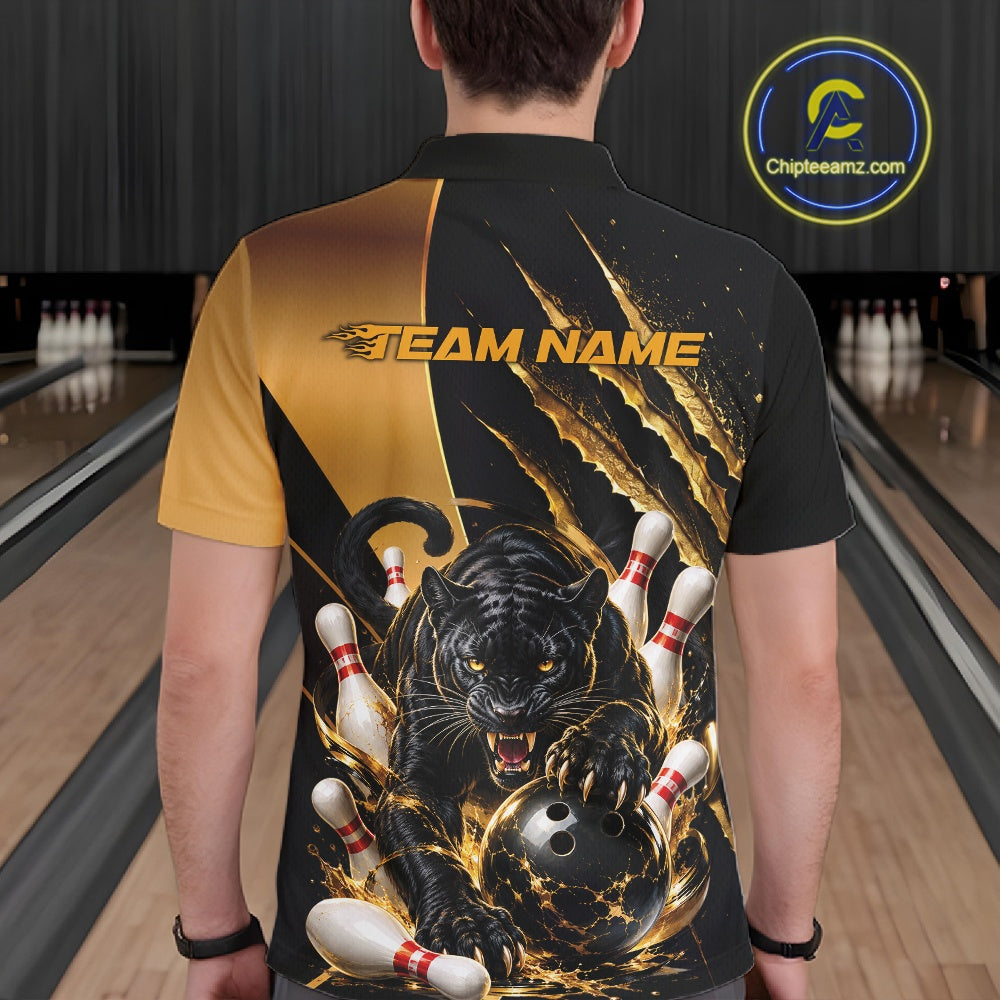 A person viewed from behind wearing a custom bowling-themed short-sleeve polo shirt. The shirt features a black and gold split design with a large graphic of a black panther biting a bowling ball while knocking down pins.