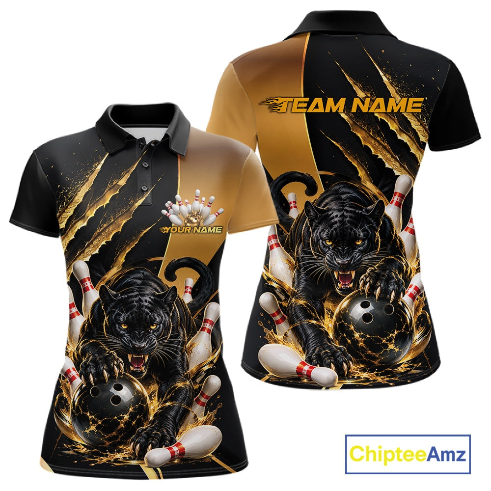 Front and back views of a custom bowling-themed polo shirt. The design features a black and gold background with claw marks, a roaring black tiger, bowling balls, and pins.