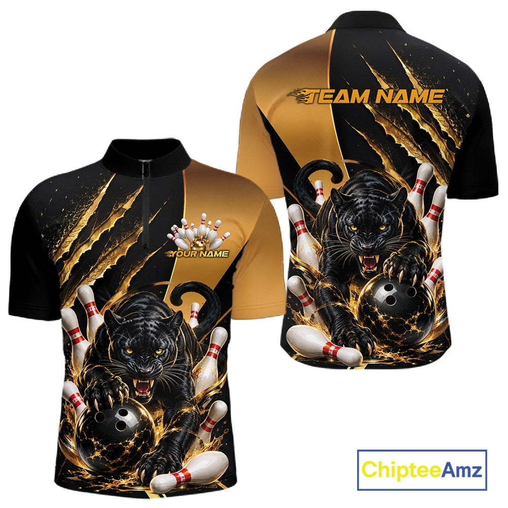 Front and back views of a short-sleeve bowling-themed athletic shirt on a white background. The design features a black and gold color scheme with a roaring black panther, bowling balls, bowling pins, and gold claw marks.