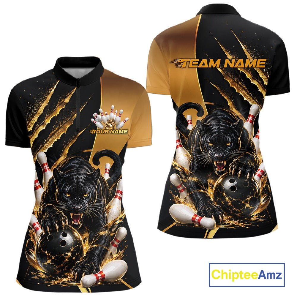 Front and back views of a custom bowling-themed short-sleeve polo shirt. The design features a black and gold background with claw marks, a roaring black panther bowling ball, and bowling pins.